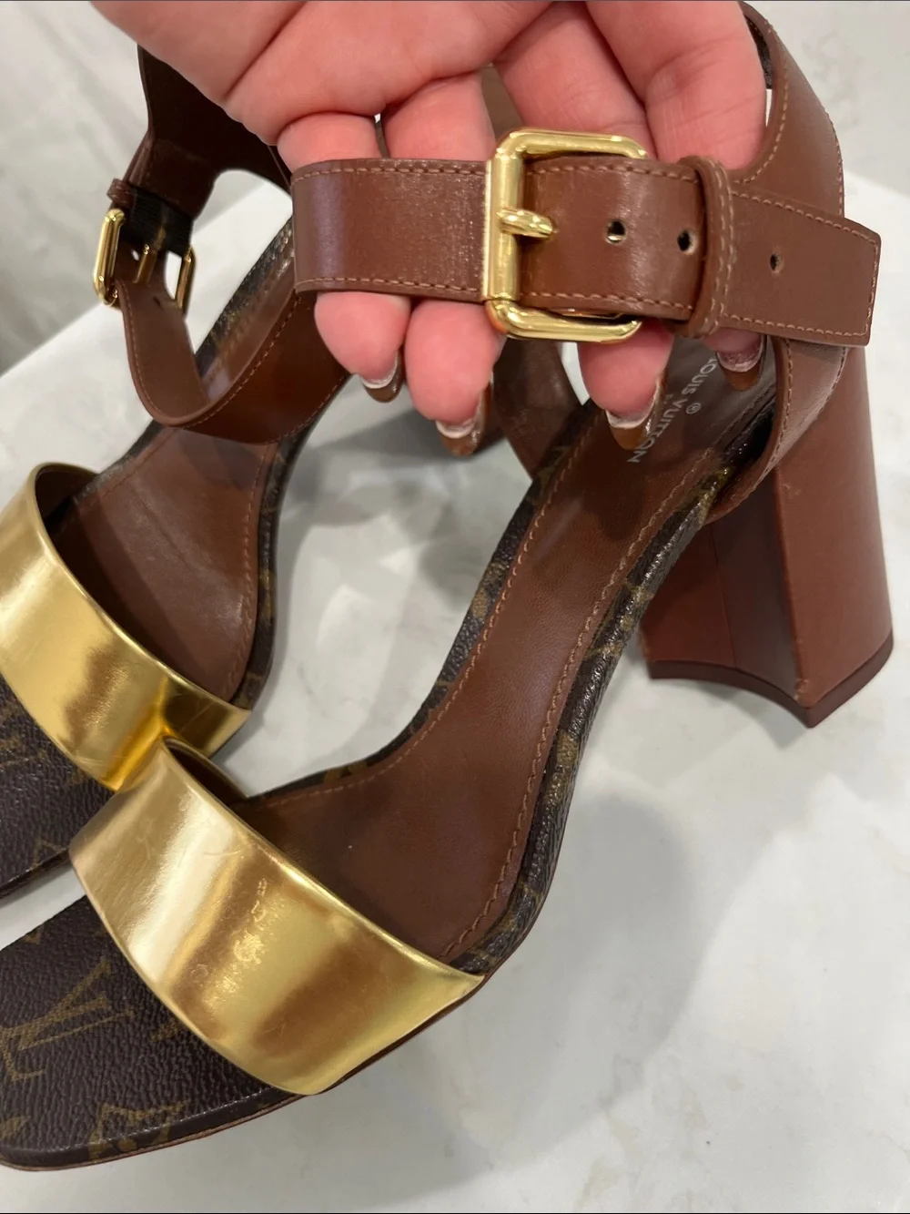 Louis Vuitton Brown & Gold Monogram Block Heel Sandals